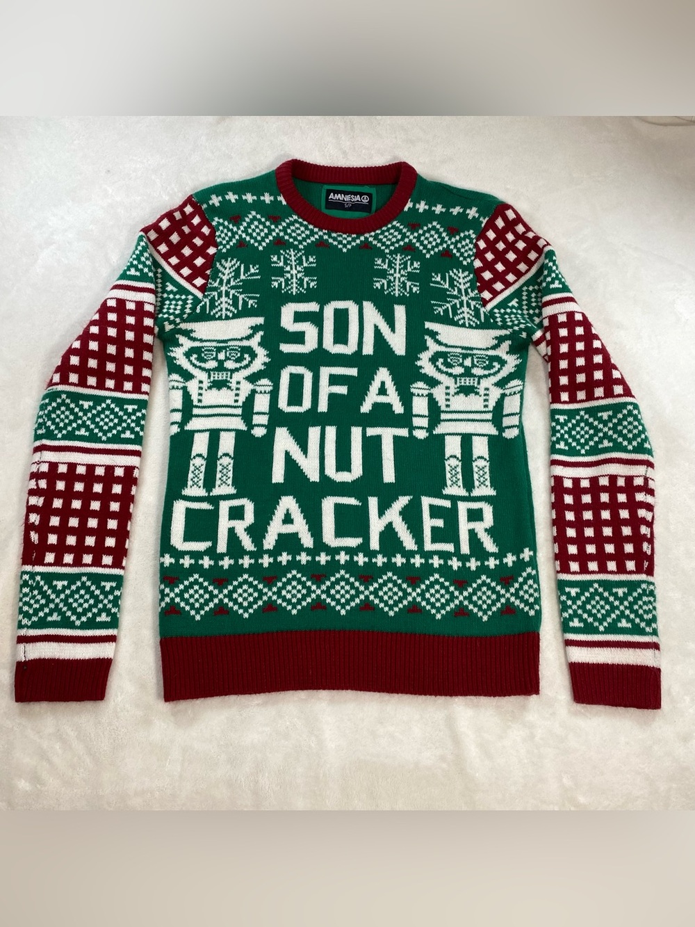 Amnesia Elf Movie Son Of A Nutcracker Ugly Christmas Sweater Knit Green Red S
